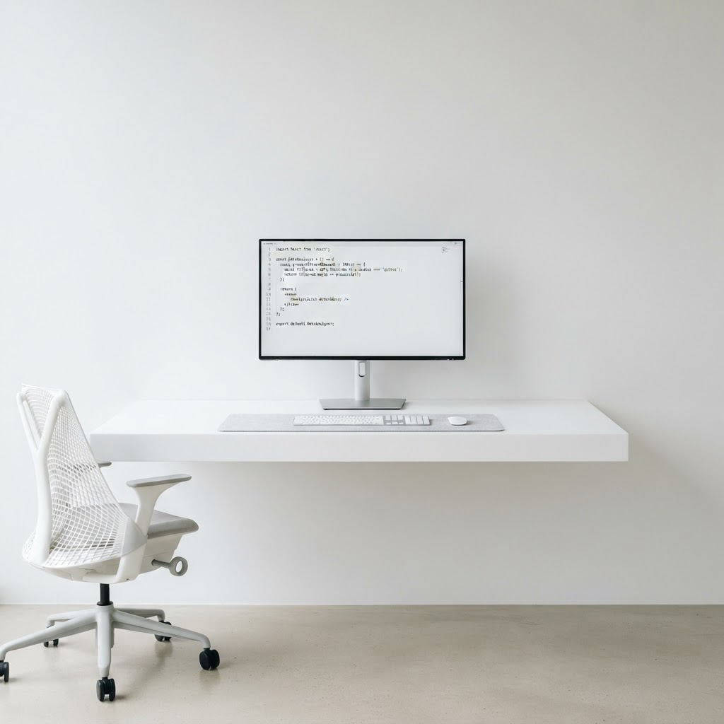 Steriilne minimalistlik töökoht koodiga ekraanil